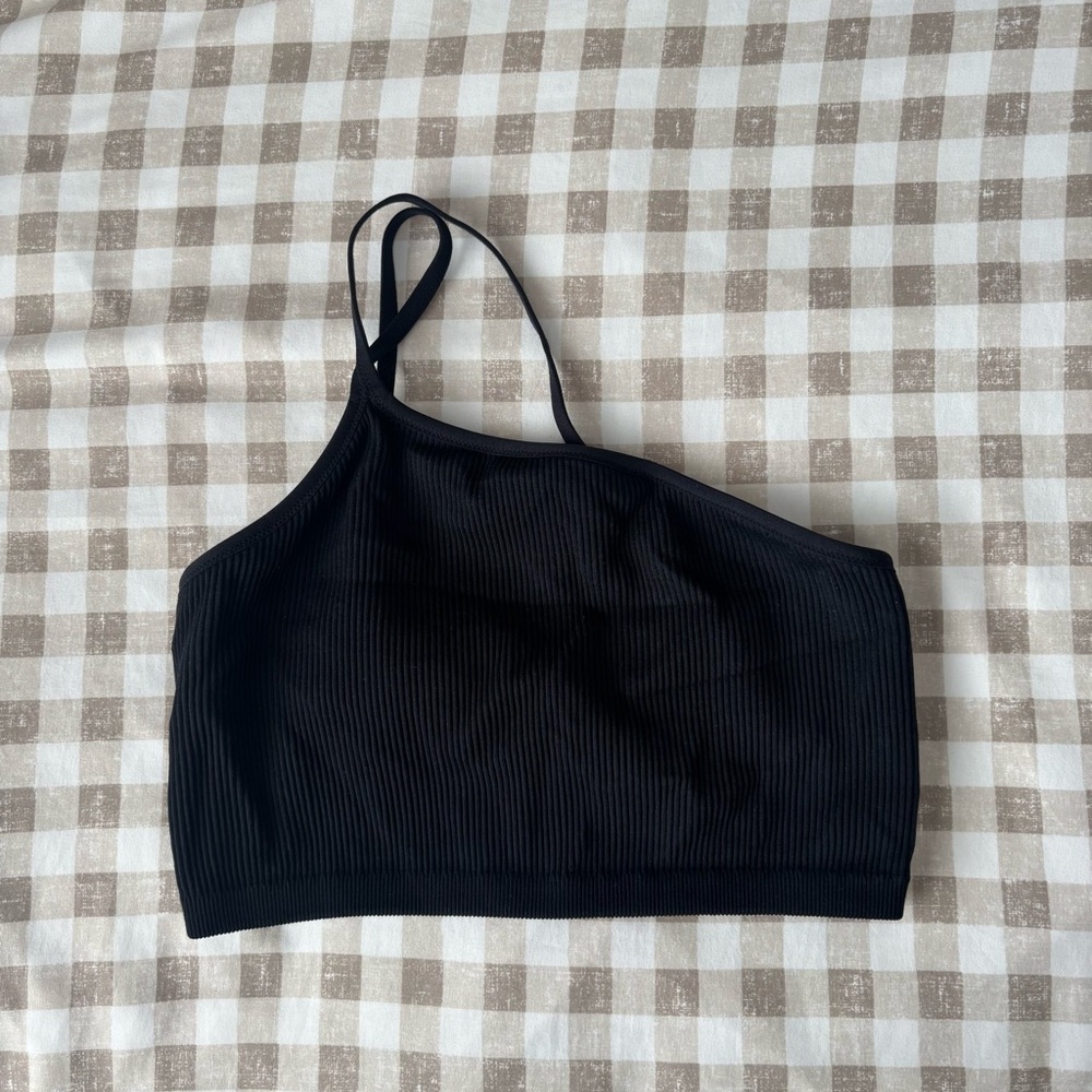 Aerie Black Ribbed One-Shoulder Crop Top/Bra